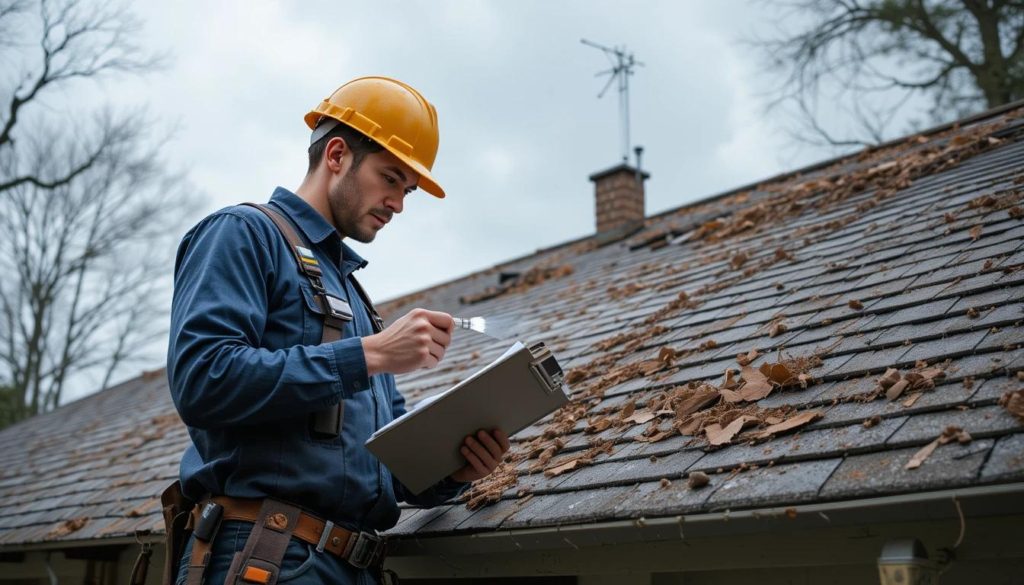 A local roofer assessing storm damage on a suburban home. The roof shows visible signs of wear, such as broken shingles and debris. The contractor uses a clipboard and flashlight, with a background of stormy skies and fallen tree branches.