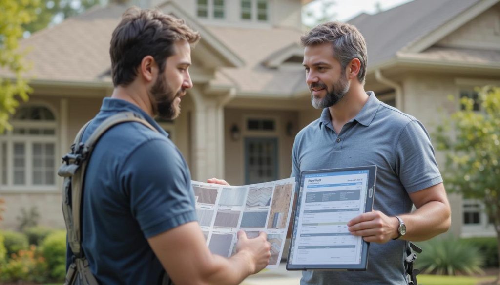 A homeowner consulting with a local roofer holding a sample board of roofing materials. Both are standing near a suburban home with visible roofing details, while a digital tablet displays a project estimate.