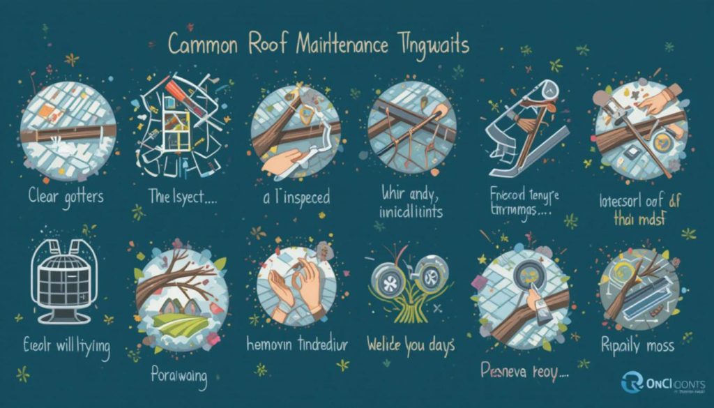 A visual guide showing common roof maintenance tasks like clearing gutters, inspecting for damage, trimming branches, and removing moss. Each task is depicted with small icons or illustrations in a step-by-step format.