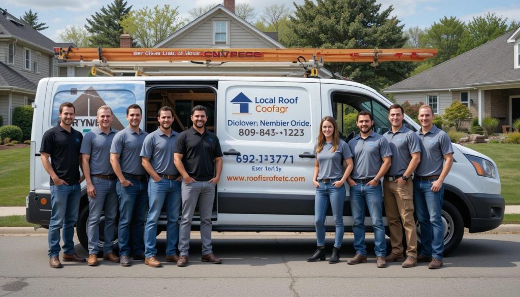 A group of local roofers posing in front of their branded work van with a backdrop of suburban homes. The scene conveys a friendly, professional team ready to serve their community, with visible tools and materials in the van.